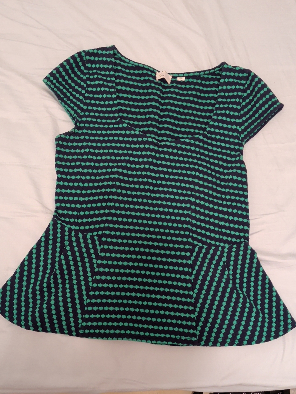 Women's Teal and Blue Patterned Peplum Top with a Square Neckline